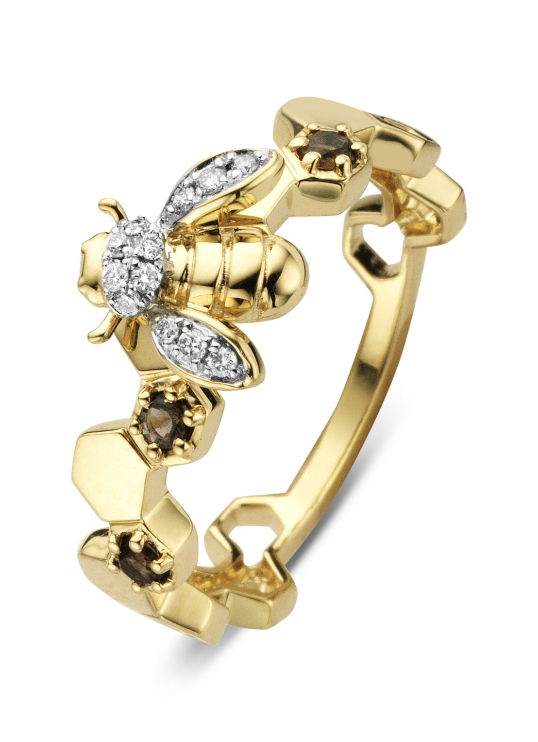 Gouden ring, 0.10 ct rookkwarts, Queen Bee