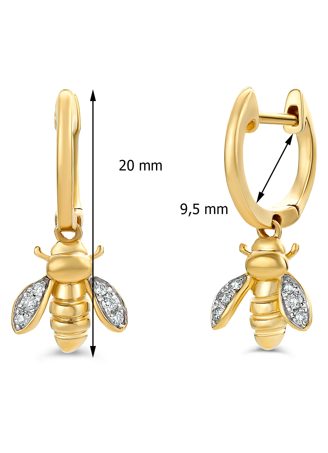 Geelgouden oorsieraden, 0.08 ct diamant, Queen Bee