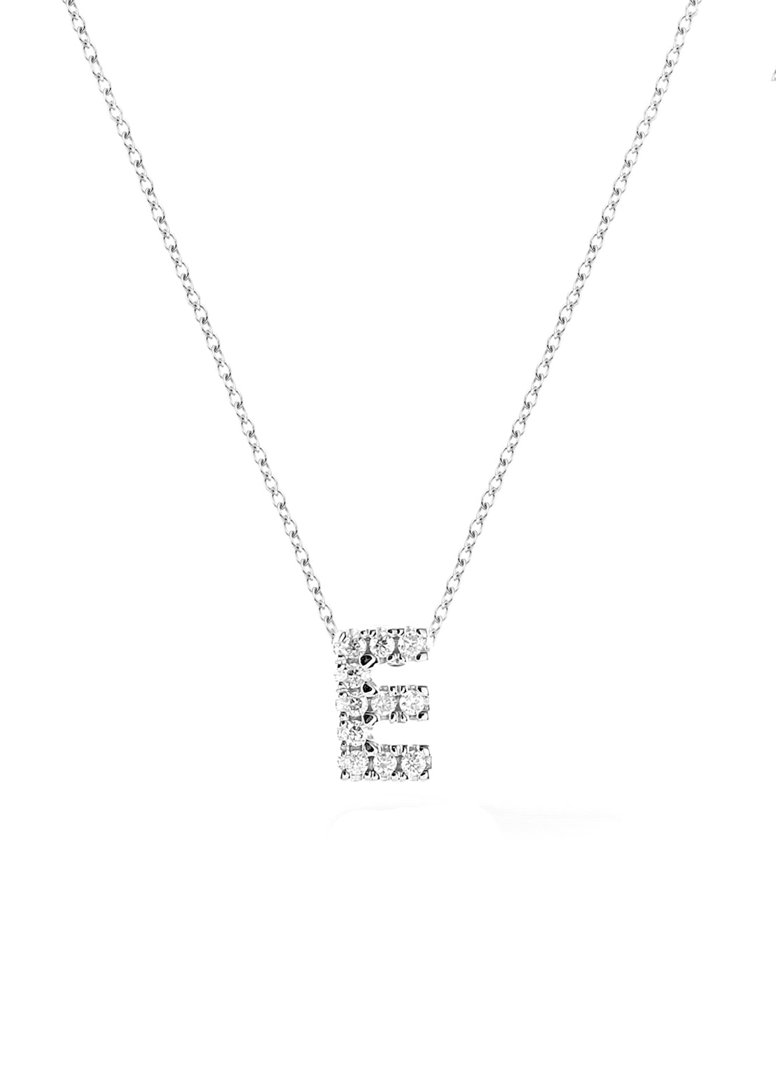 Witgouden collier E, 0.02 ct diamant, Alphabet