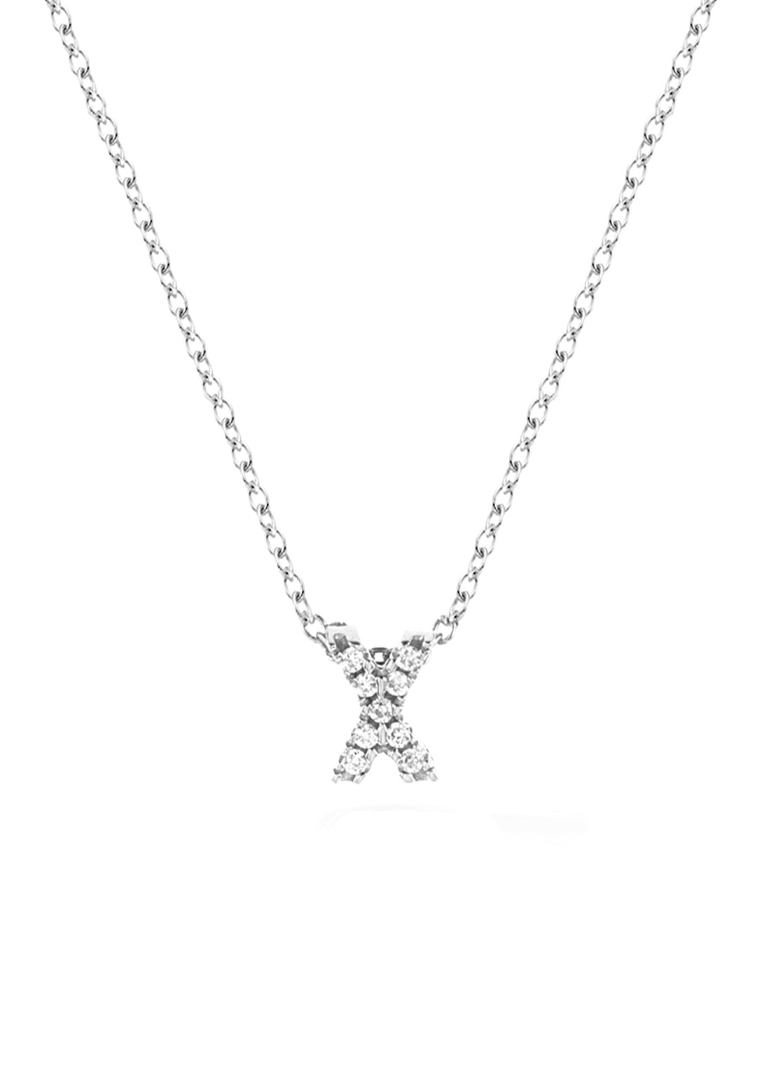 Witgouden collier, 0.02 ct diamant, Alphabet
